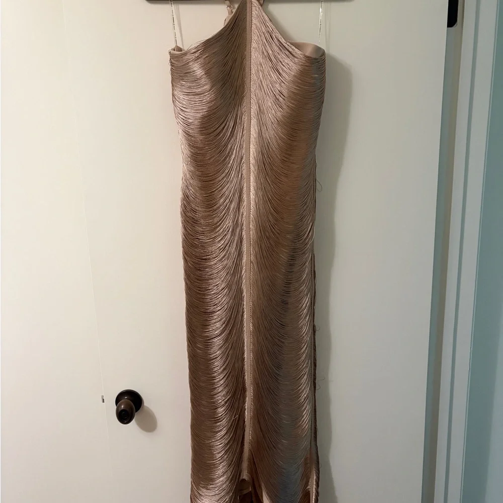 Rare London Gold Fringe Detail Halter Maxi Dress - Picture 2 of 4